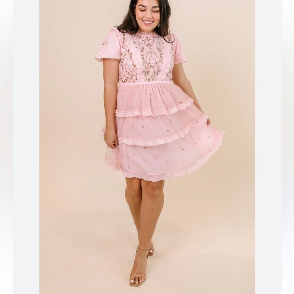 Ivy City Co Pink Embroidered Tiered Midi Dress